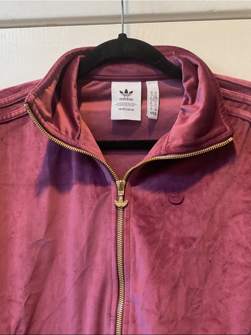 Adidas  Men’s  Burgundy Velour Bomber Jacket with Gold Zipper